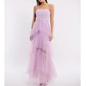 BCBG Oly Tiered Ruffle Tulle Evening Gown in Orchid size 4 NWT